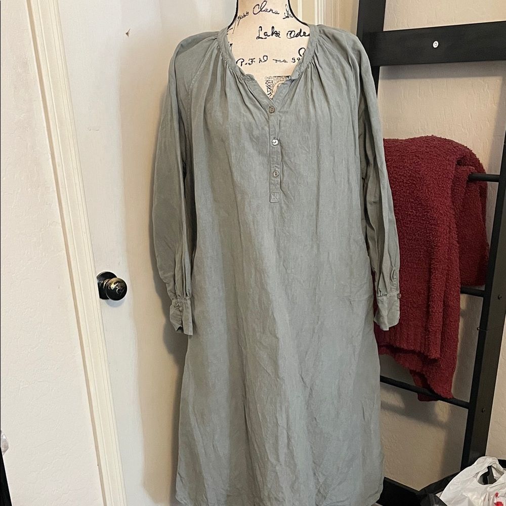 Homefrocks Green 100% Linen Button Front Dress Minimalist Coastal Lagenlook Boho